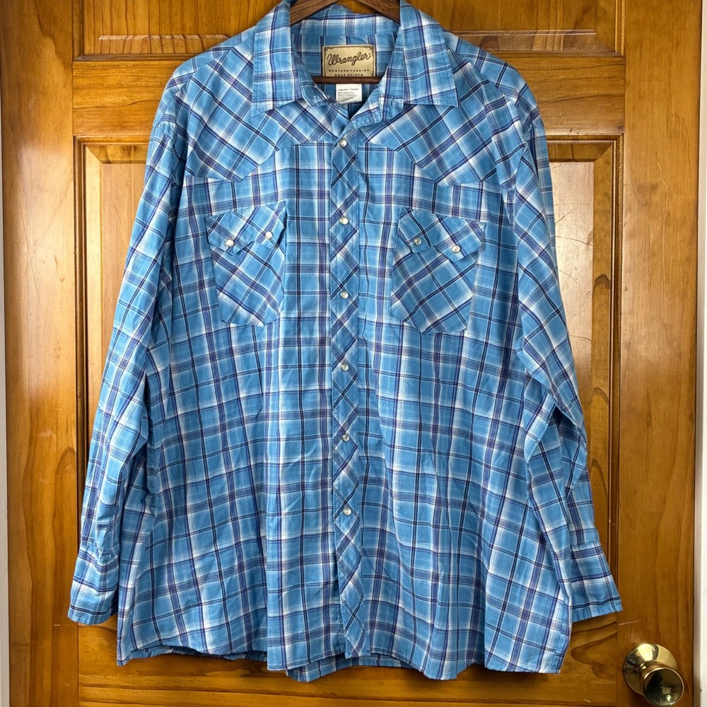 Wrangler Western Fashion Snap Shirt Mens 3XL Blue Plaid Pearl Snap Cowboy Rodeo